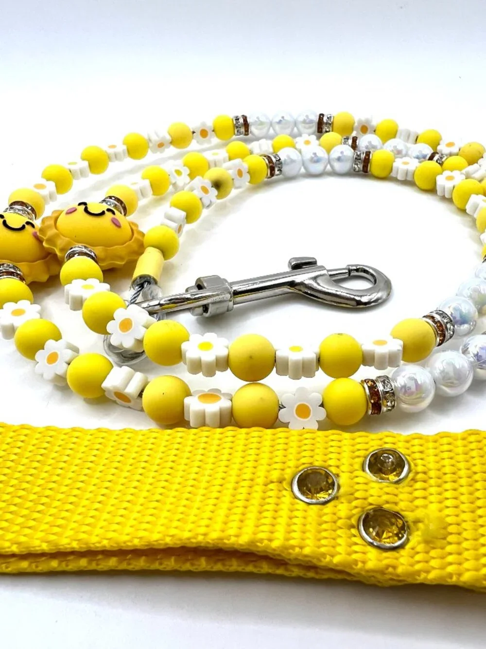 You Are My Sunshine Beaded Dog Leash | Handmade Yellow Daisy & Pearl Luxury Dog